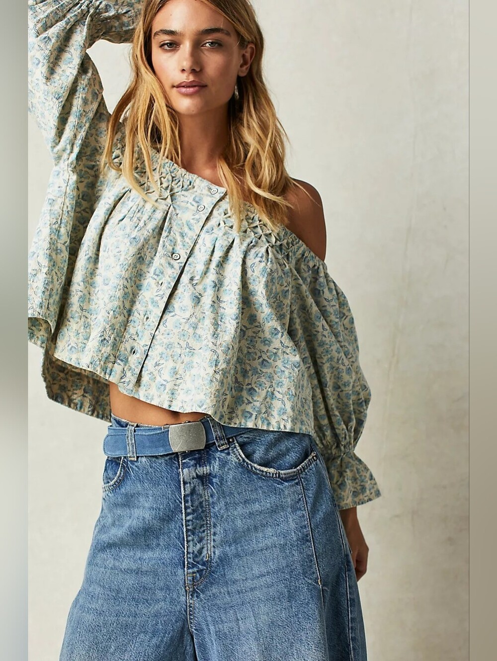 Free People James Smocked Top, M, Coastal, Cottagecore, Cropped